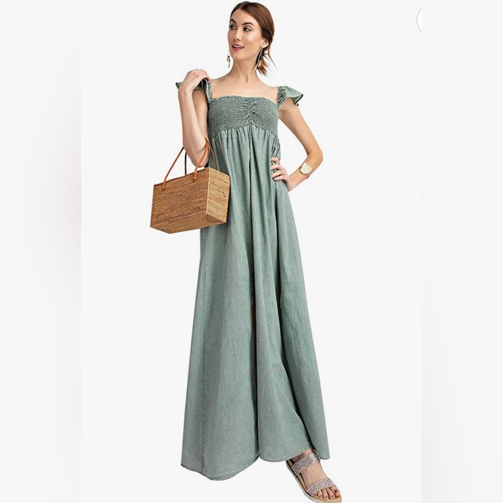 Ruffled Cap Sleeve, Smocked Ruche Bodice, Front Slit Maxi Dress